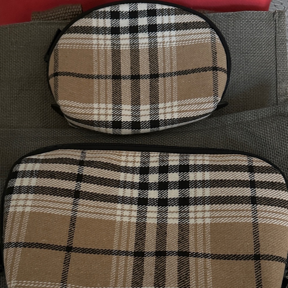 BEIS Tan and Black Plaid Cosmetic Bag Set